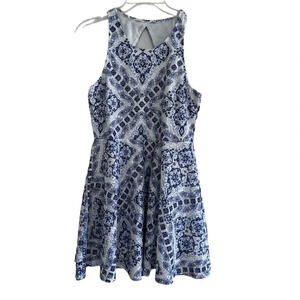 Aeropostale Blue White Lace Skater Dress Mini Crew Neck Sleeveless Cut-out L